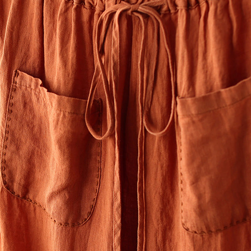 Buddha Stones Lässige, schlichte Damenhose mit weitem Bein und Faltendesign, Kordelzug, Länge 9, Baumwolle und Leinen, mit Taschen