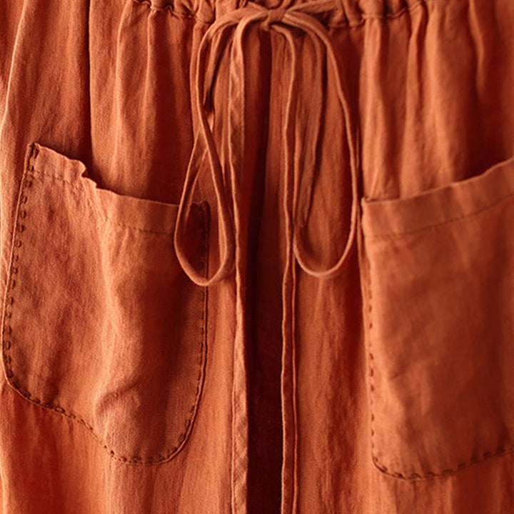 Buddha Stones Lässige, schlichte Damenhose mit weitem Bein und Faltendesign, Kordelzug, Länge 9, Baumwolle und Leinen, mit Taschen
