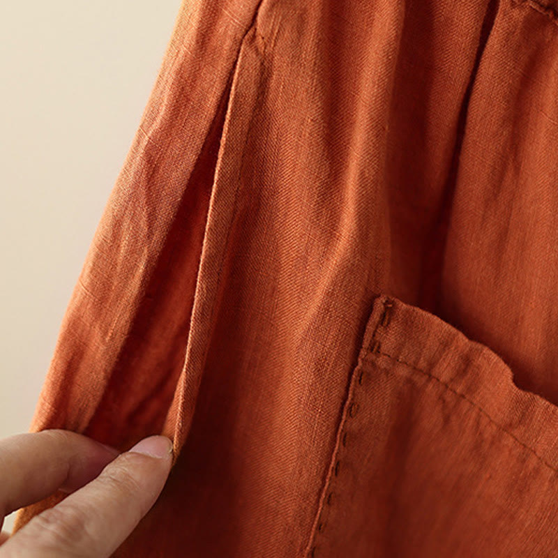 Buddha Stones Lässige, schlichte Damenhose mit weitem Bein und Faltendesign, Kordelzug, Länge 9, Baumwolle und Leinen, mit Taschen