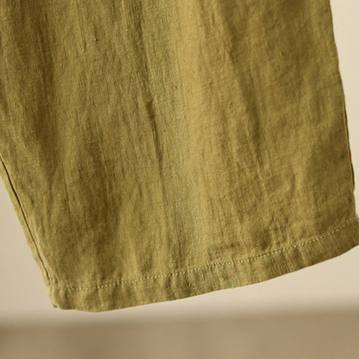 Buddha Stones Lässige, schlichte Damenhose mit weitem Bein und Faltendesign, Kordelzug, Länge 9, Baumwolle und Leinen, mit Taschen