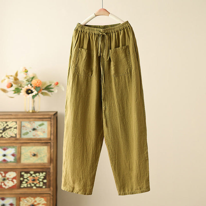 Buddha Stones Lässige, schlichte Damenhose mit weitem Bein und Faltendesign, Kordelzug, Länge 9, Baumwolle und Leinen, mit Taschen