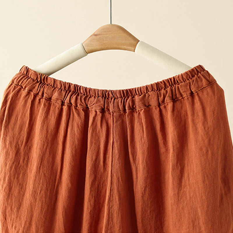 Buddha Stones Lässige, schlichte Damenhose mit weitem Bein und Faltendesign, Kordelzug, Länge 9, Baumwolle und Leinen, mit Taschen