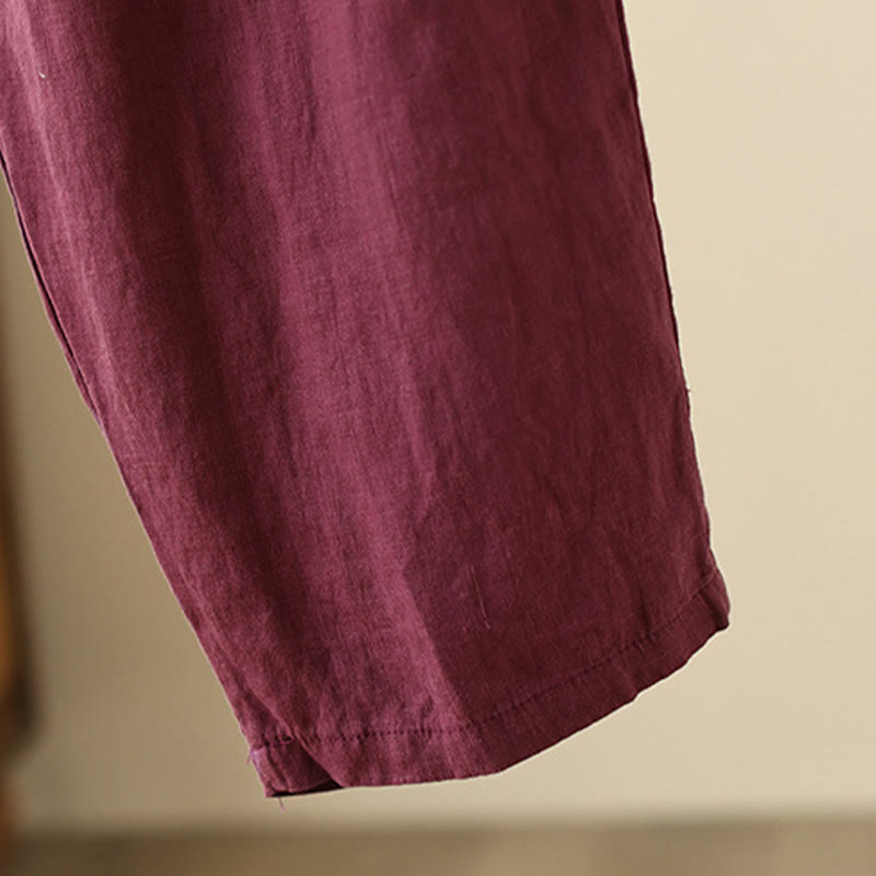 Buddha Stones Lässige, schlichte Damenhose mit weitem Bein und Faltendesign, Kordelzug, Länge 9, Baumwolle und Leinen, mit Taschen