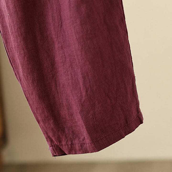 Buddha Stones Lässige, schlichte Damenhose mit weitem Bein und Faltendesign, Kordelzug, Länge 9, Baumwolle und Leinen, mit Taschen