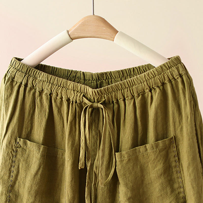 Buddha Stones Lässige, schlichte Damenhose mit weitem Bein und Faltendesign, Kordelzug, Länge 9, Baumwolle und Leinen, mit Taschen