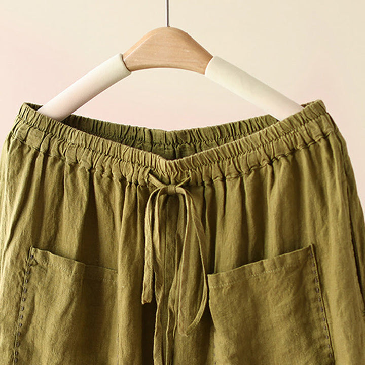 Buddha Stones Lässige, schlichte Damenhose mit weitem Bein und Faltendesign, Kordelzug, Länge 9, Baumwolle und Leinen, mit Taschen