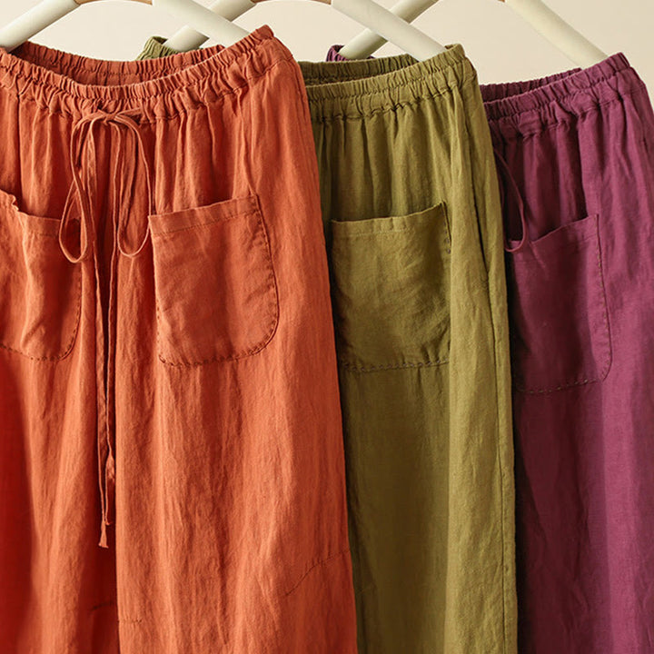 Buddha Stones Lässige, schlichte Damenhose mit weitem Bein und Faltendesign, Kordelzug, Länge 9, Baumwolle und Leinen, mit Taschen