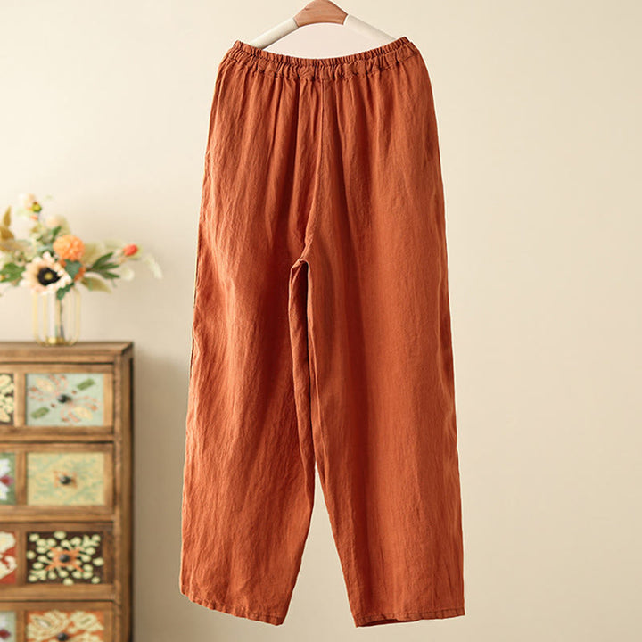 Buddha Stones Lässige, schlichte Damenhose mit weitem Bein und Faltendesign, Kordelzug, Länge 9, Baumwolle und Leinen, mit Taschen