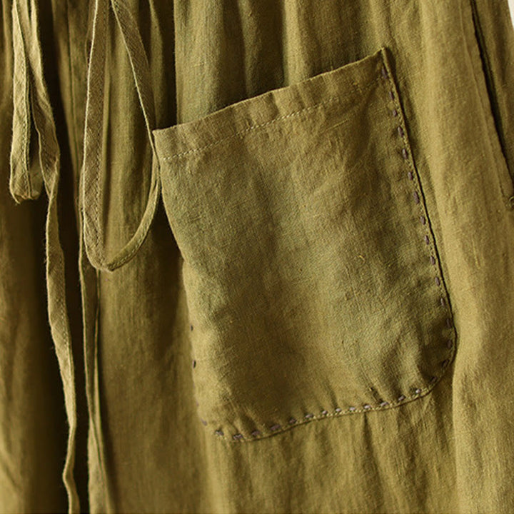 Buddha Stones Lässige, schlichte Damenhose mit weitem Bein und Faltendesign, Kordelzug, Länge 9, Baumwolle und Leinen, mit Taschen