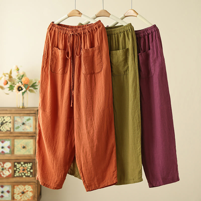 Buddha Stones Lässige, schlichte Damenhose mit weitem Bein und Faltendesign, Kordelzug, Länge 9, Baumwolle und Leinen, mit Taschen
