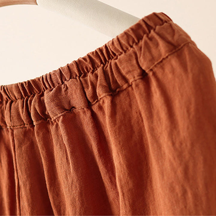 Buddha Stones Lässige, schlichte Damenhose mit weitem Bein und Faltendesign, Kordelzug, Länge 9, Baumwolle und Leinen, mit Taschen