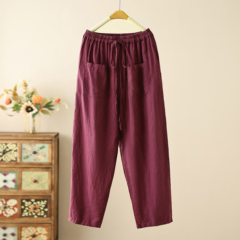 Buddha Stones Lässige, schlichte Damenhose mit weitem Bein und Faltendesign, Kordelzug, Länge 9, Baumwolle und Leinen, mit Taschen