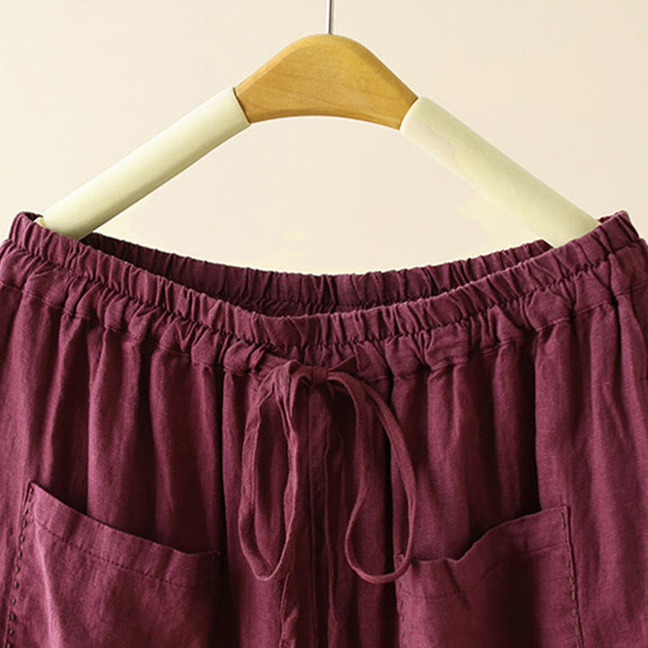Buddha Stones Lässige, schlichte Damenhose mit weitem Bein und Faltendesign, Kordelzug, Länge 9, Baumwolle und Leinen, mit Taschen