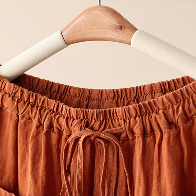 Buddha Stones Lässige, schlichte Damenhose mit weitem Bein und Faltendesign, Kordelzug, Länge 9, Baumwolle und Leinen, mit Taschen