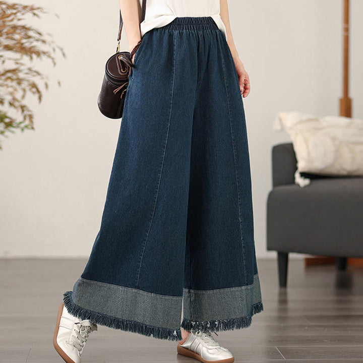 Buddha Stones Spring Vintage Distressed Quasten-Design Damenhose mit weitem Bein und Taschen