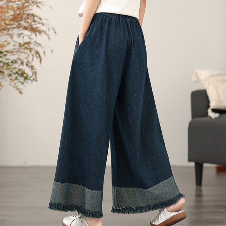 Buddha Stones Spring Vintage Distressed Quasten-Design Damenhose mit weitem Bein und Taschen