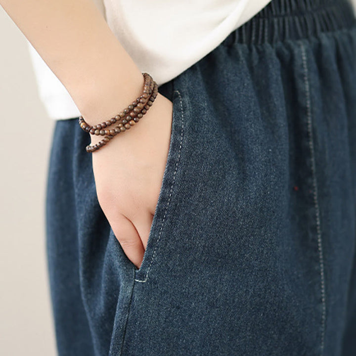 Buddha Stones Spring Vintage Distressed Quasten-Design Damenhose mit weitem Bein und Taschen