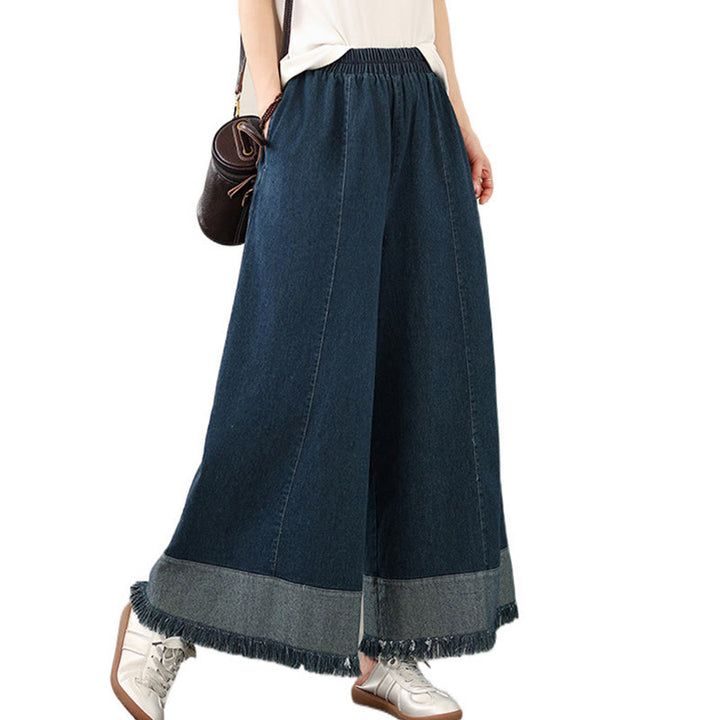 Buddha Stones Spring Vintage Distressed Quasten-Design Damenhose mit weitem Bein und Taschen