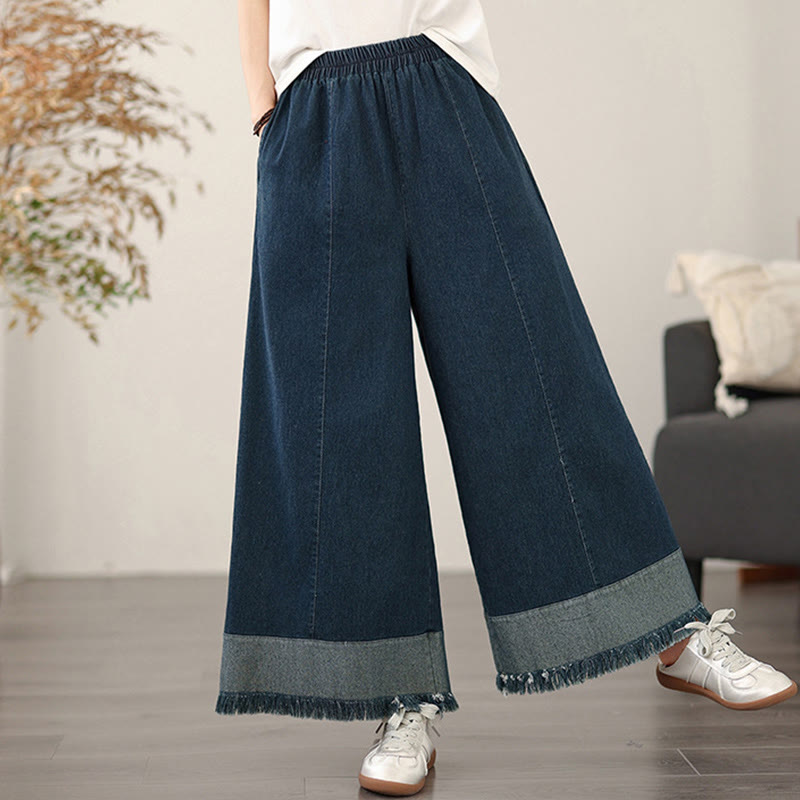 Buddha Stones Spring Vintage Distressed Quasten-Design Damenhose mit weitem Bein und Taschen