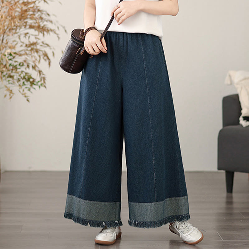 Buddha Stones Spring Vintage Distressed Quasten-Design Damenhose mit weitem Bein und Taschen