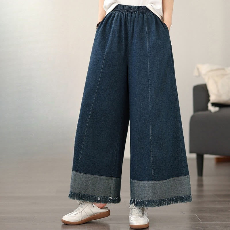 Buddha Stones Spring Vintage Distressed Quasten-Design Damenhose mit weitem Bein und Taschen