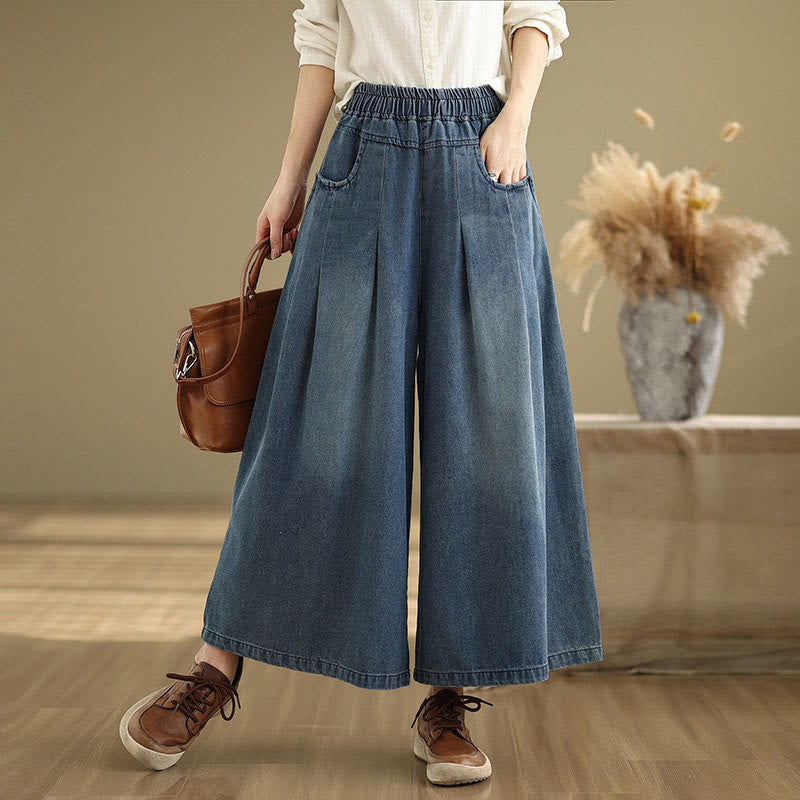 Buddha Stones Fall Vintage Distressed Design Hohe Taille Damenhose mit weitem Bein und Taschen - Dunkelblau - US8-10， UK/AU12-14，EU40-42 (2XL) - image 0