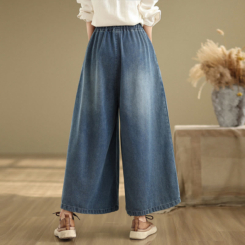 Buddha Stones Fall Vintage Distressed Design Hohe Taille Damenhose mit weitem Bein und Taschen - image 1
