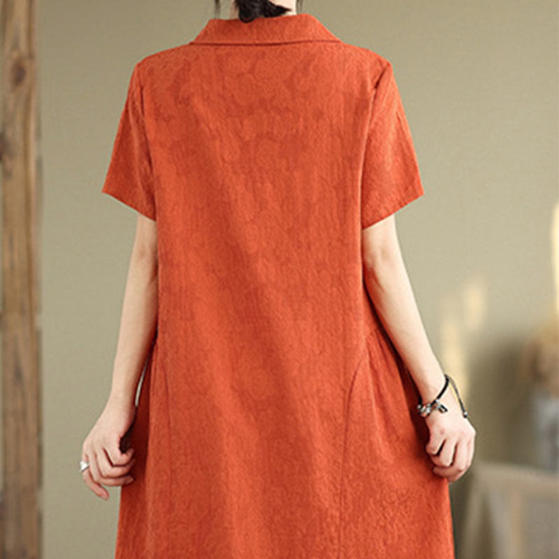 Buddha Stones – Schlichtes, kurzärmliges Midikleid aus Baumwolle und Leinen mit Jacquard-Design und Taschen