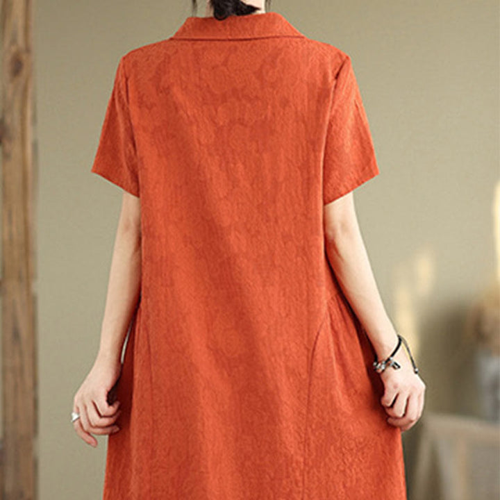 Buddha Stones – Schlichtes, kurzärmliges Midikleid aus Baumwolle und Leinen mit Jacquard-Design und Taschen