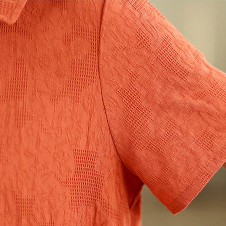 Buddha Stones – Schlichtes, kurzärmliges Midikleid aus Baumwolle und Leinen mit Jacquard-Design und Taschen