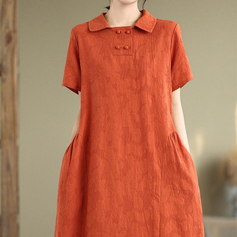 Buddha Stones – Schlichtes, kurzärmliges Midikleid aus Baumwolle und Leinen mit Jacquard-Design und Taschen