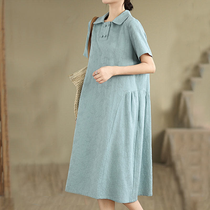 Buddha Stones – Schlichtes, kurzärmliges Midikleid aus Baumwolle und Leinen mit Jacquard-Design und Taschen