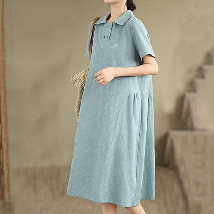 Buddha Stones – Schlichtes, kurzärmliges Midikleid aus Baumwolle und Leinen mit Jacquard-Design und Taschen