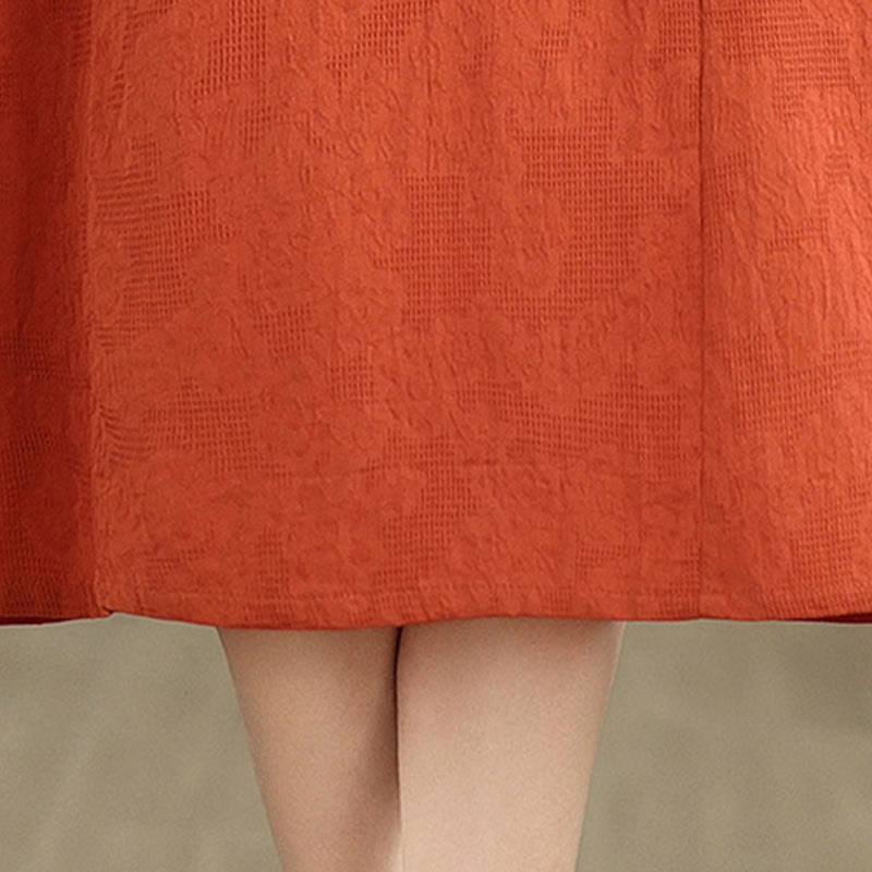 Buddha Stones – Schlichtes, kurzärmliges Midikleid aus Baumwolle und Leinen mit Jacquard-Design und Taschen