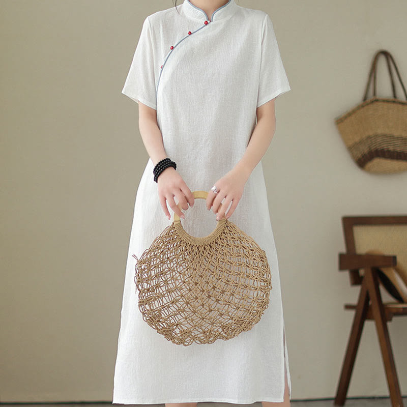 Buddha Stones Reine Farbe Kurzarm Jacquard Chinesisches Cheongsam Qipao Midikleid mit Taschen - image 4