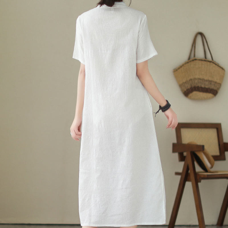 Buddha Stones Reine Farbe Kurzarm Jacquard Chinesisches Cheongsam Qipao Midikleid mit Taschen - image 1