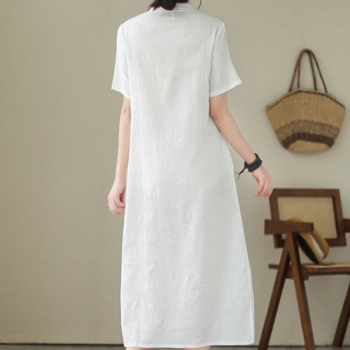 Buddha Stones Reine Farbe Kurzarm Jacquard Chinesisches Cheongsam Qipao Midikleid mit Taschen - image 1