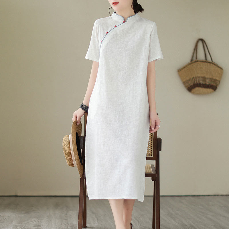 Buddha Stones Reine Farbe Kurzarm Jacquard Chinesisches Cheongsam Qipao Midikleid mit Taschen - image 2