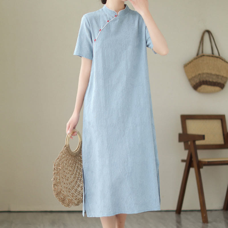 Buddha Stones Reine Farbe Kurzarm Jacquard Chinesisches Cheongsam Qipao Midikleid mit Taschen - image 7