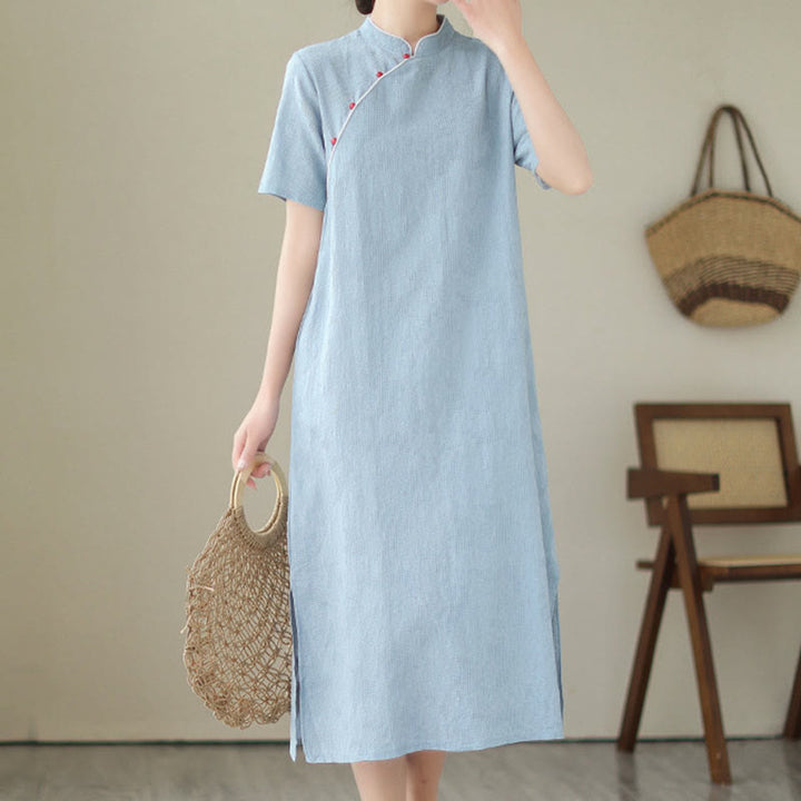 Buddha Stones Reine Farbe Kurzarm Jacquard Chinesisches Cheongsam Qipao Midikleid mit Taschen - image 7