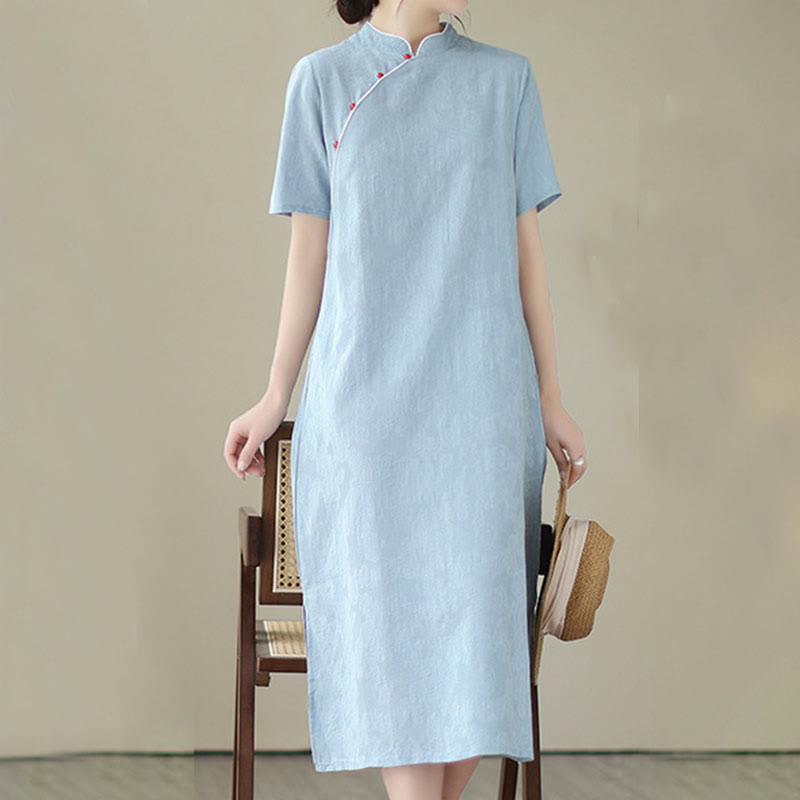 Buddha Stones Reine Farbe Kurzarm Jacquard Chinesisches Cheongsam Qipao Midikleid mit Taschen - image 10