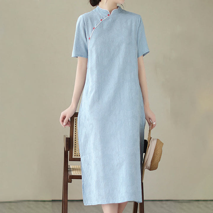 Buddha Stones Reine Farbe Kurzarm Jacquard Chinesisches Cheongsam Qipao Midikleid mit Taschen - image 10
