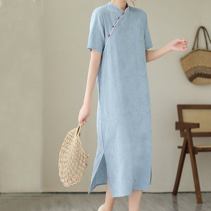 Buddha Stones Reine Farbe Kurzarm Jacquard Chinesisches Cheongsam Qipao Midikleid mit Taschen - image 9