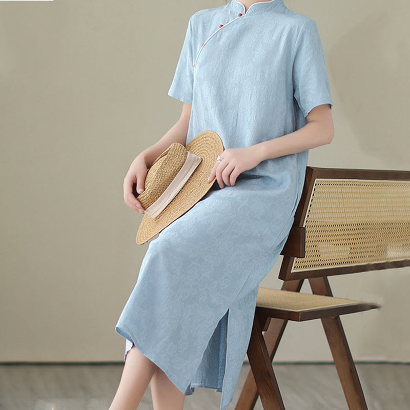 Buddha Stones Reine Farbe Kurzarm Jacquard Chinesisches Cheongsam Qipao Midikleid mit Taschen - image 11
