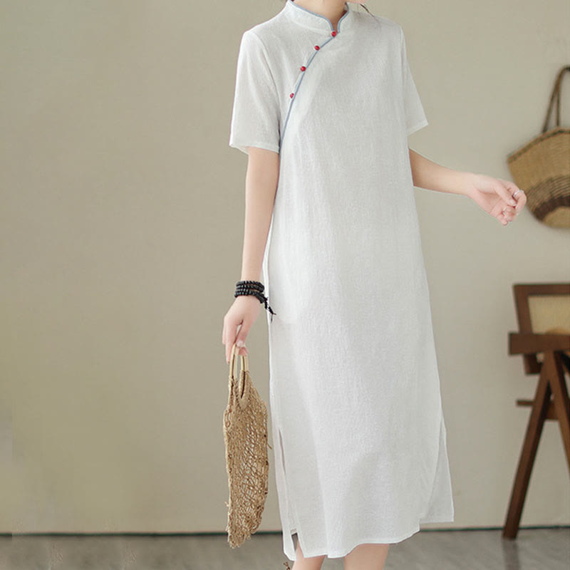 Buddha Stones Reine Farbe Kurzarm Jacquard Chinesisches Cheongsam Qipao Midikleid mit Taschen - image 3