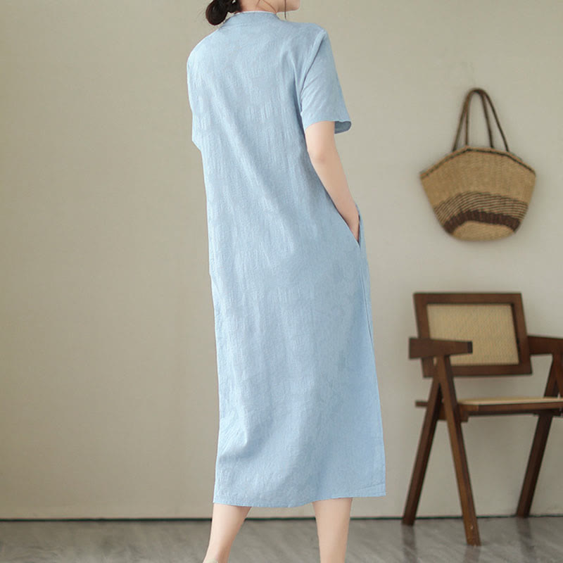 Buddha Stones Reine Farbe Kurzarm Jacquard Chinesisches Cheongsam Qipao Midikleid mit Taschen - image 8