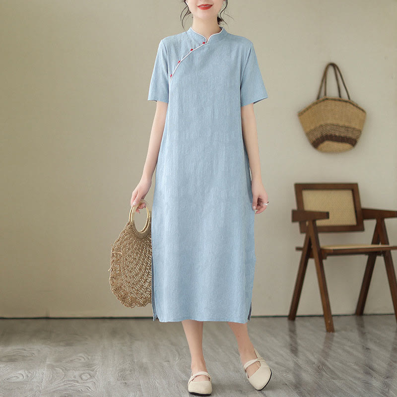 Buddha Stones Reine Farbe Kurzarm Jacquard Chinesisches Cheongsam Qipao Midikleid mit Taschen - Hellblau - US 8-10, UK/AU 12-14, EU 40-42 (2XL) - image 6