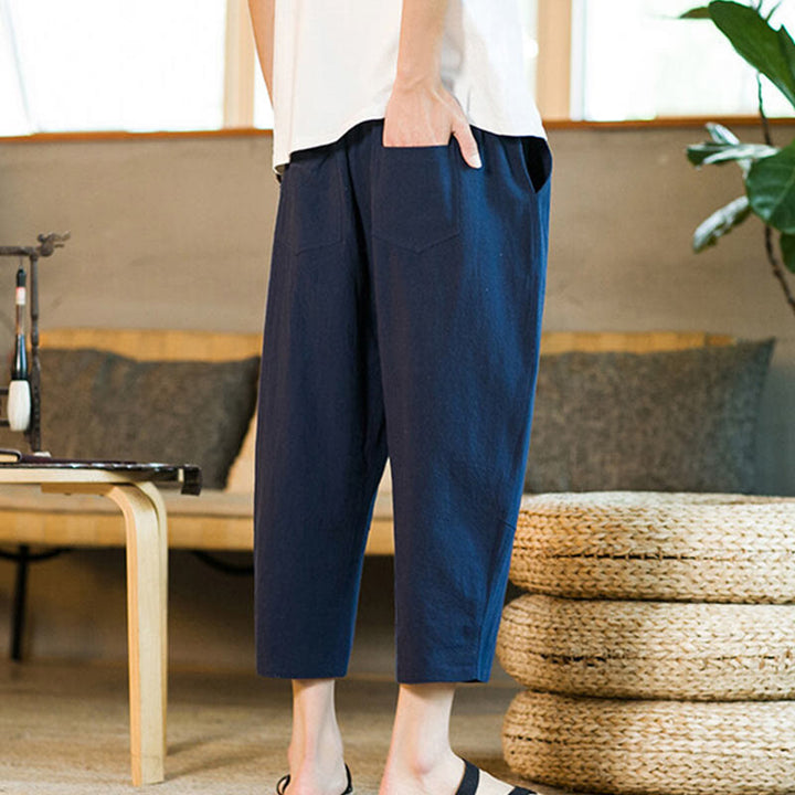 Buddha Stones Schlichtes Design, Kordelzug, Baumwolle und Leinen, einfarbige Haremshose für Herren mit Taschen - image 31