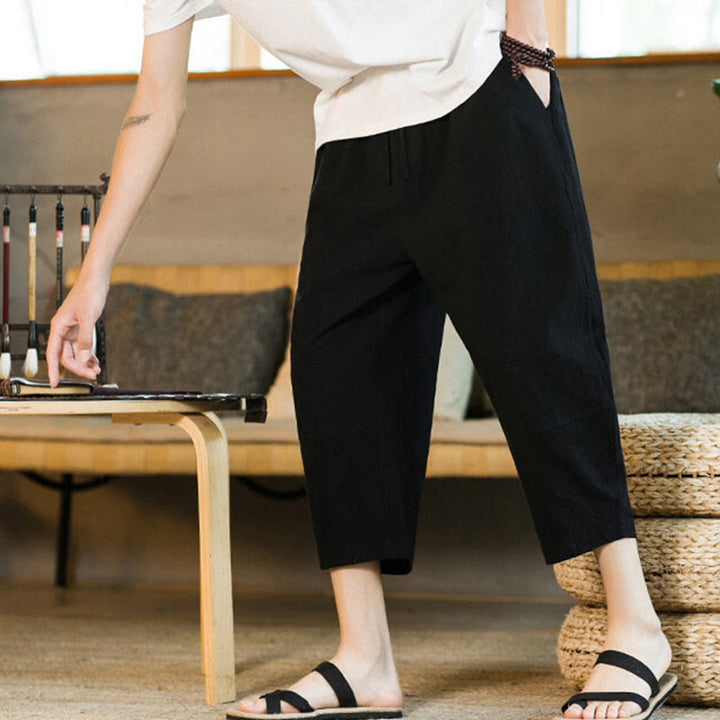 Buddha Stones Schlichtes Design, Kordelzug, Baumwolle und Leinen, einfarbige Haremshose für Herren mit Taschen - image 12