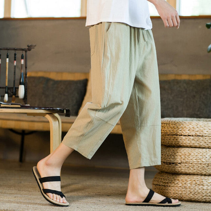 Buddha Stones Schlichtes Design, Kordelzug, Baumwolle und Leinen, einfarbige Haremshose für Herren mit Taschen - image 4